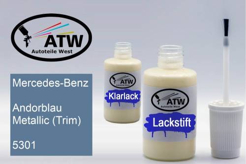 Mercedes-Benz, Andorblau Metallic (Trim), 5301: 20ml Lackstift + 20ml Klarlack - Set, von ATW Autoteile West.